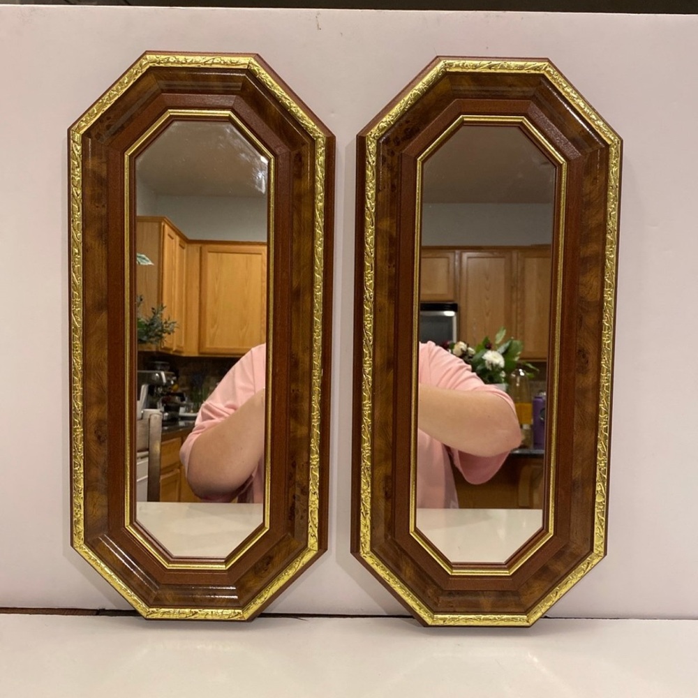 Vintage Octagon Mirror Wood with Gold Trim 18-1/2” X 8-1/2” Set O…